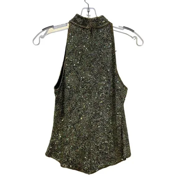 Sean Collection Green & Black Blouse Sleeveless Halter Top Beaded Small - Picture 3 of 4